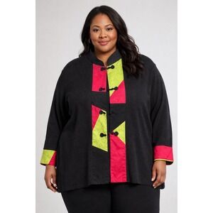 Susan Bristol Woman 2W Black Knit Jacket Colorful Patchwork Mandarin Collar